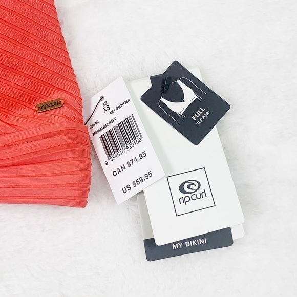 NWT Rip Curl Premium Surf Deep V-Neck Ribbed Bikini Swim Top Hot Coral - Picture 6 of 6